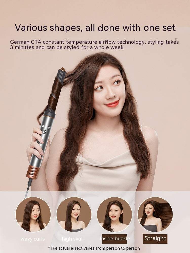 1300W Ionic Hair Dryer with Cool Shot shown with a woman styling wavy brown hair using a heated curling brush