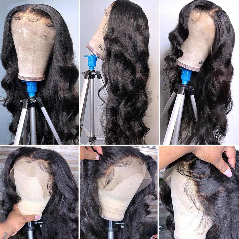 13x6 Lace Front human hair wig in natural black with glossy body waves, a pre-plucked hairline and transparent lace