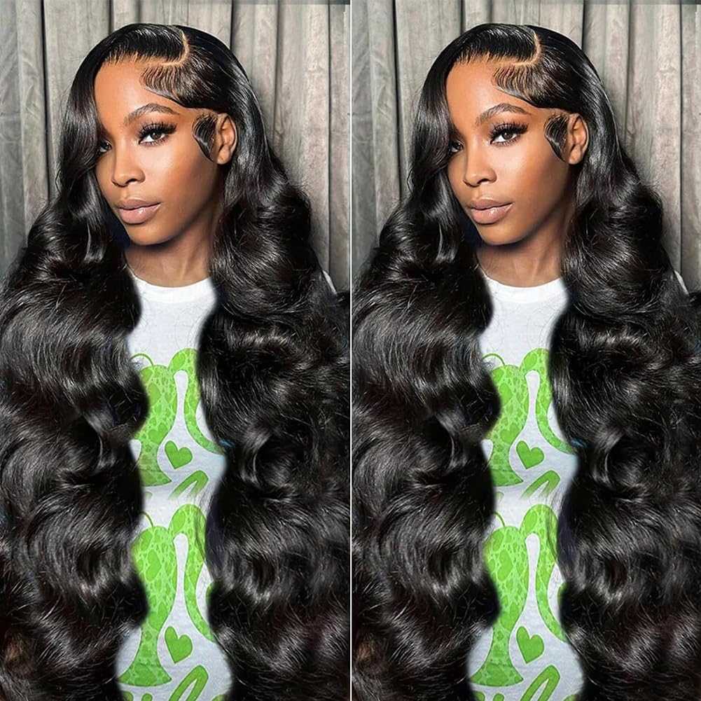 13x6 Lace Front human hair wig in glossy natural black with long, voluminous body waves and a deep side part