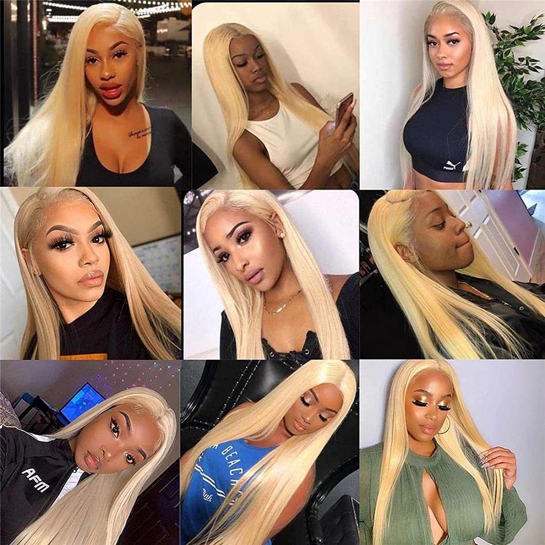 613 Blonde Straight wig with long, smooth pale blonde human hair, side parts and sleek, straight styling