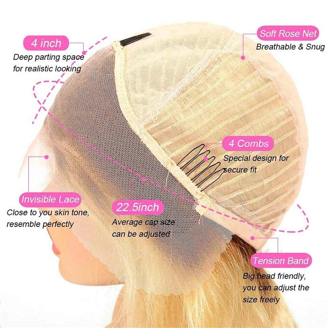 613 Blonde Straight wig cap with transparent lace front, beige mesh construction, four combs and adjustable tension band