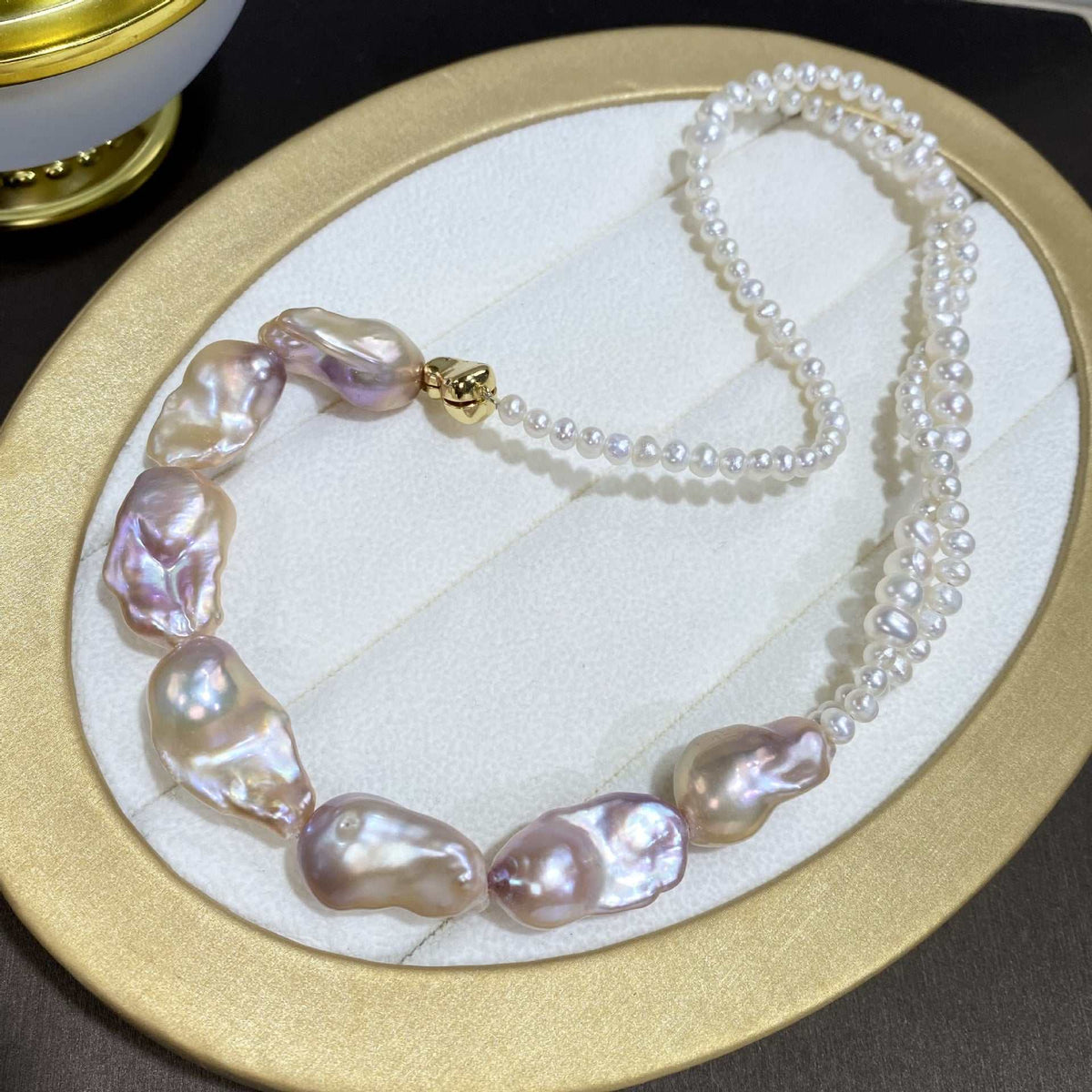 Baroque Cultured Pearl Necklace with large irregular lavender pearls and a strand of small white pearls