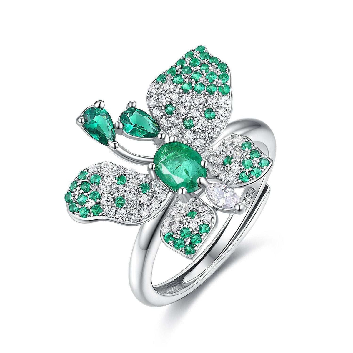 Butterfly Ring in silver-tone metal with green gemstone centre and sparkling green and clear pavé wings