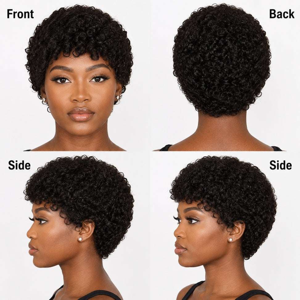 Curly Pixie Human Hair Wig in black with dense tight curls and a short rounded cropped style