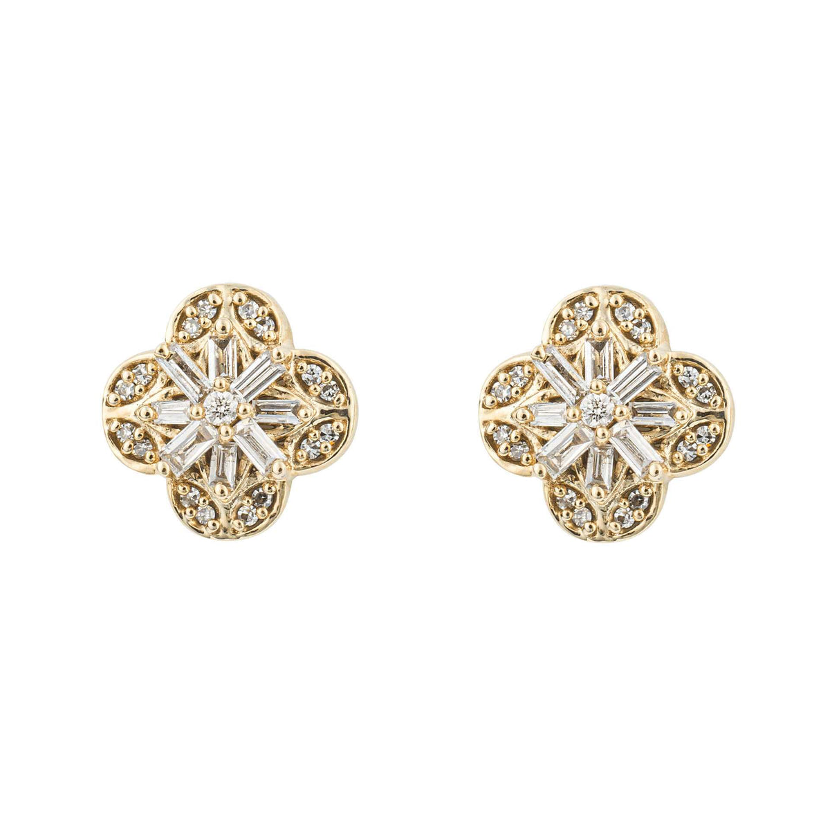 Flower stud earrings, Elements Gold 9ct yellow gold with baguette and round-cut diamond detailing