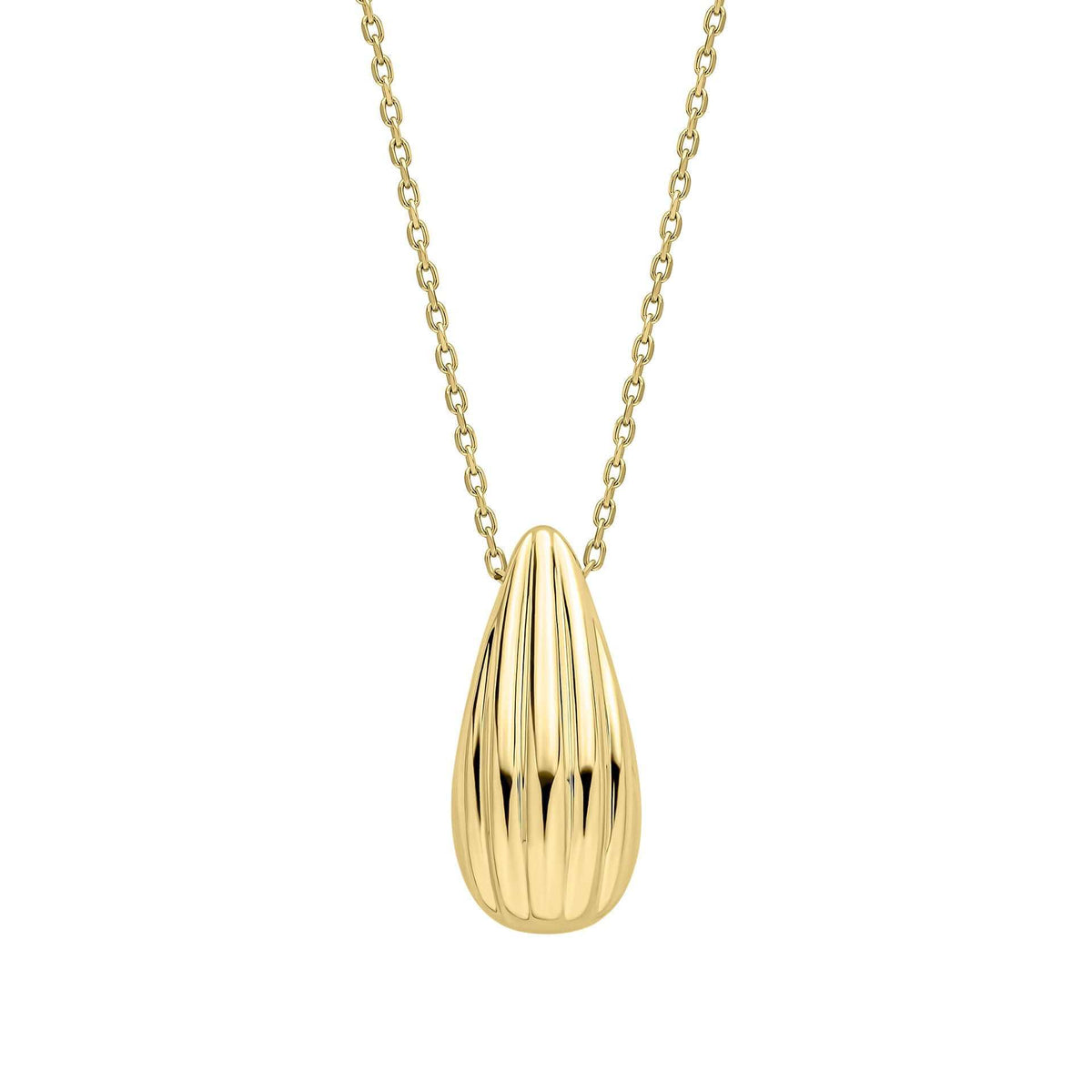 Elements Gold teardrop necklace in polished 9ct yellow gold with a vertically ridged, sculptural pendant