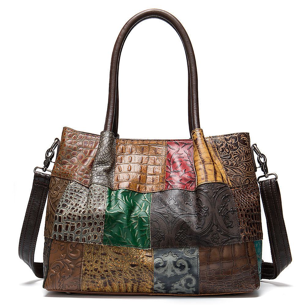 Embossed Cowhide Bag-in-Bag Set in assorted brown tones with colourful geometric patchwork and contrast trim