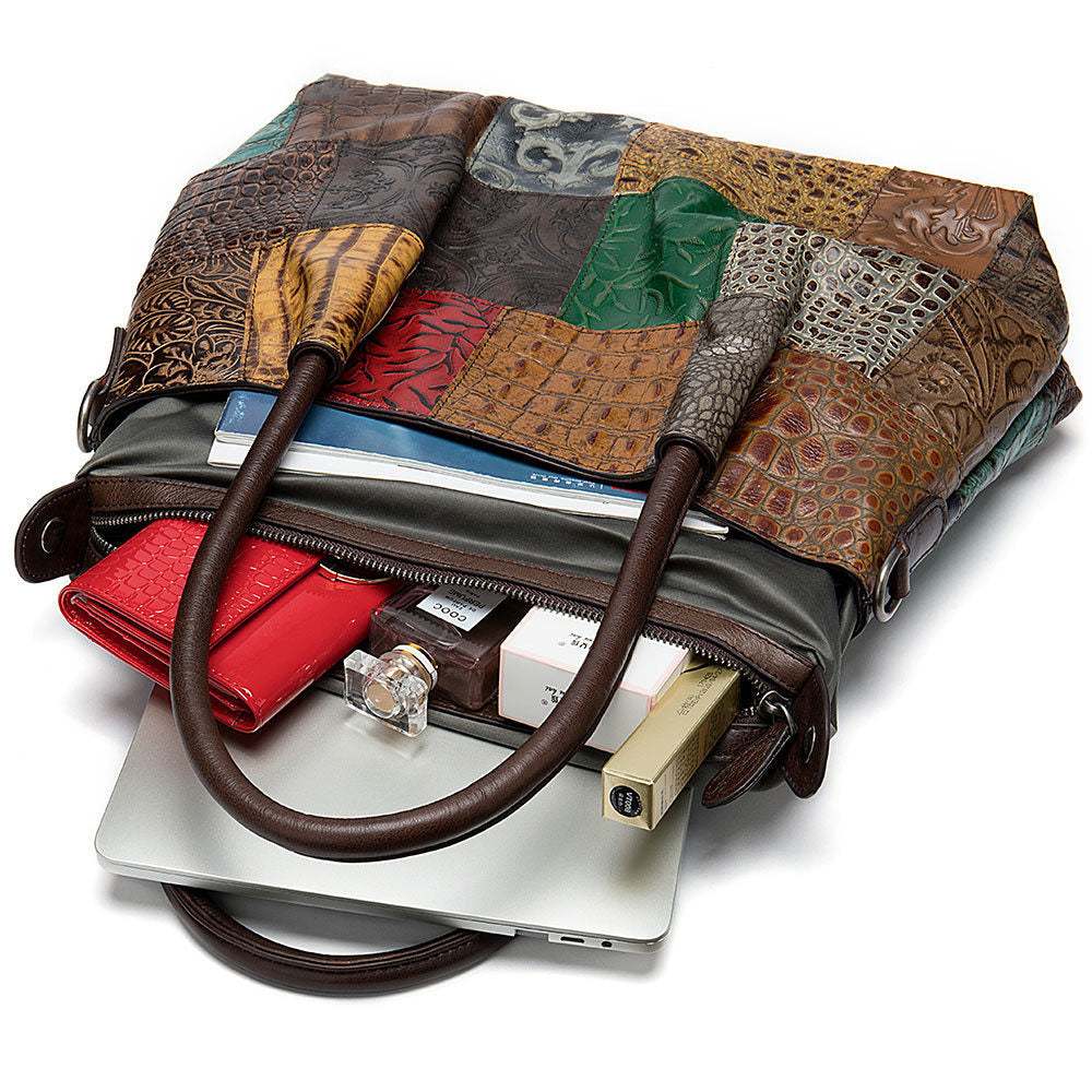Embossed Cowhide Bag-in-Bag Set in multicolour patchwork cowhide with geometric patterns and contrasting dark trim