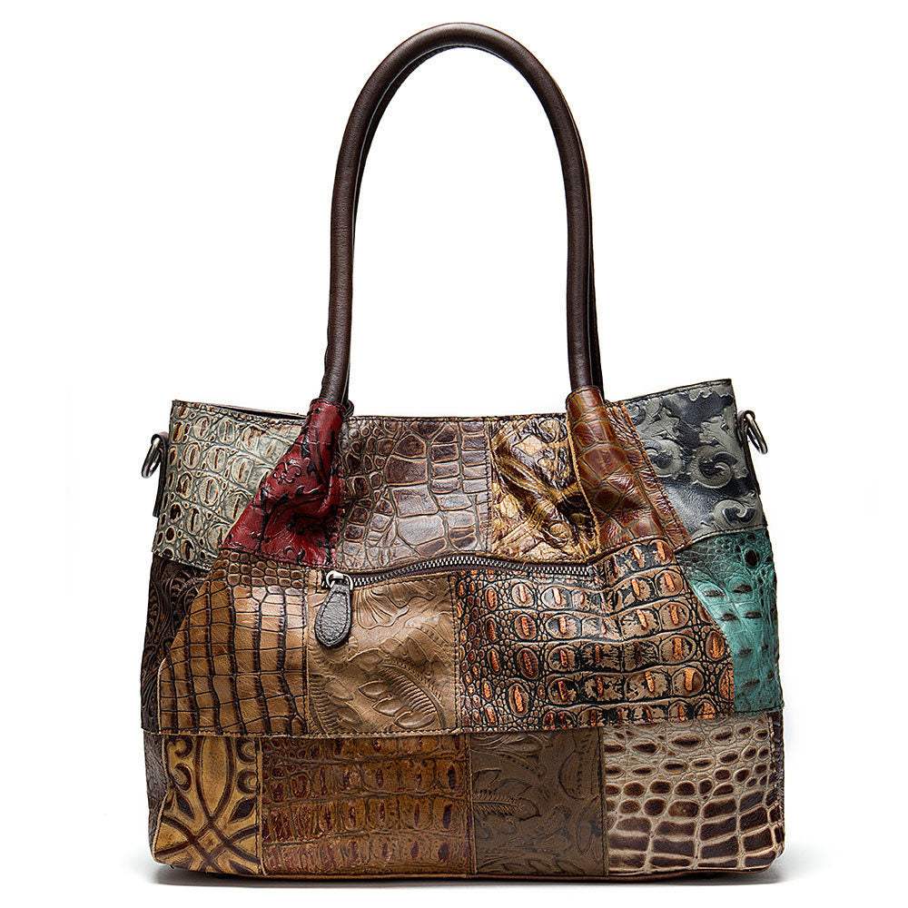 Embossed Cowhide Bag-in-Bag Set in assorted brown tones with geometric patchwork embossing and contrast trim