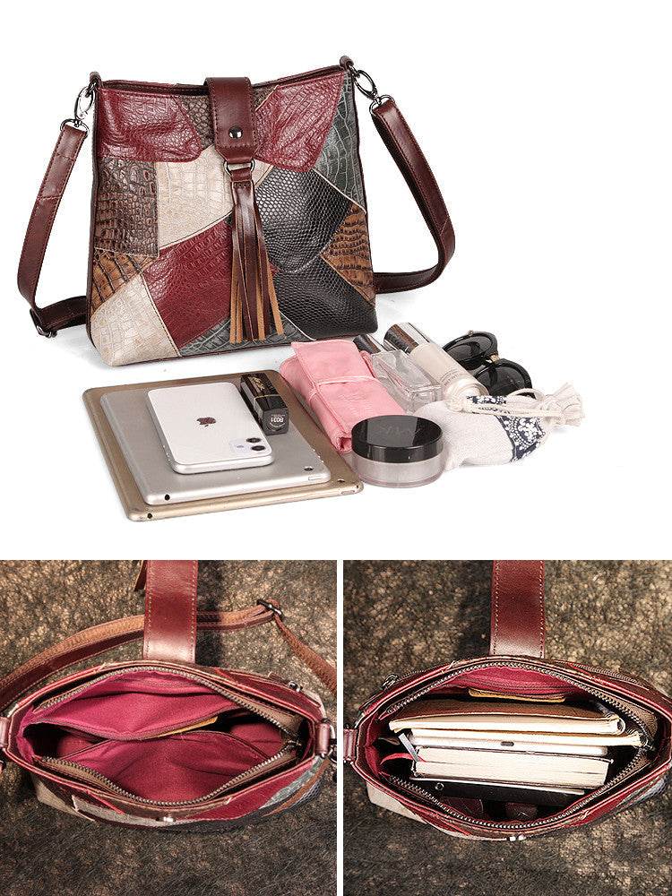 Full-Grain Leather Bucket Bag in multicolour patchwork leather with fringe, top zip and shoulder strap