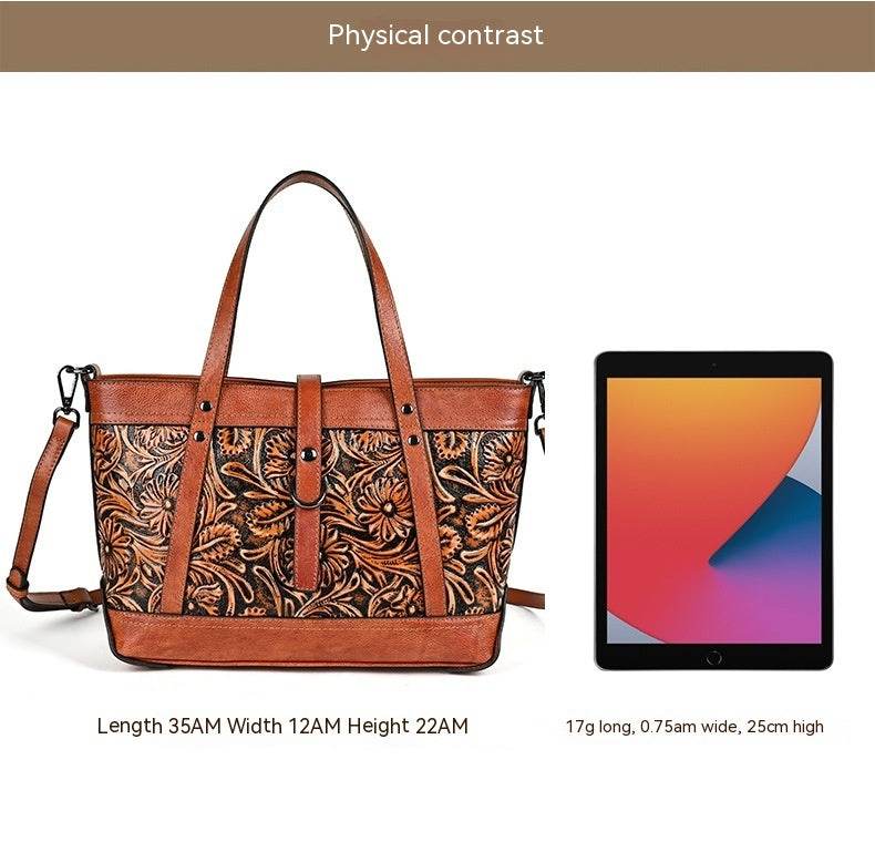 Hand-Carved Cowhide Crossbody Bag in brown leather with floral carved panels, contrast trim and dual straps