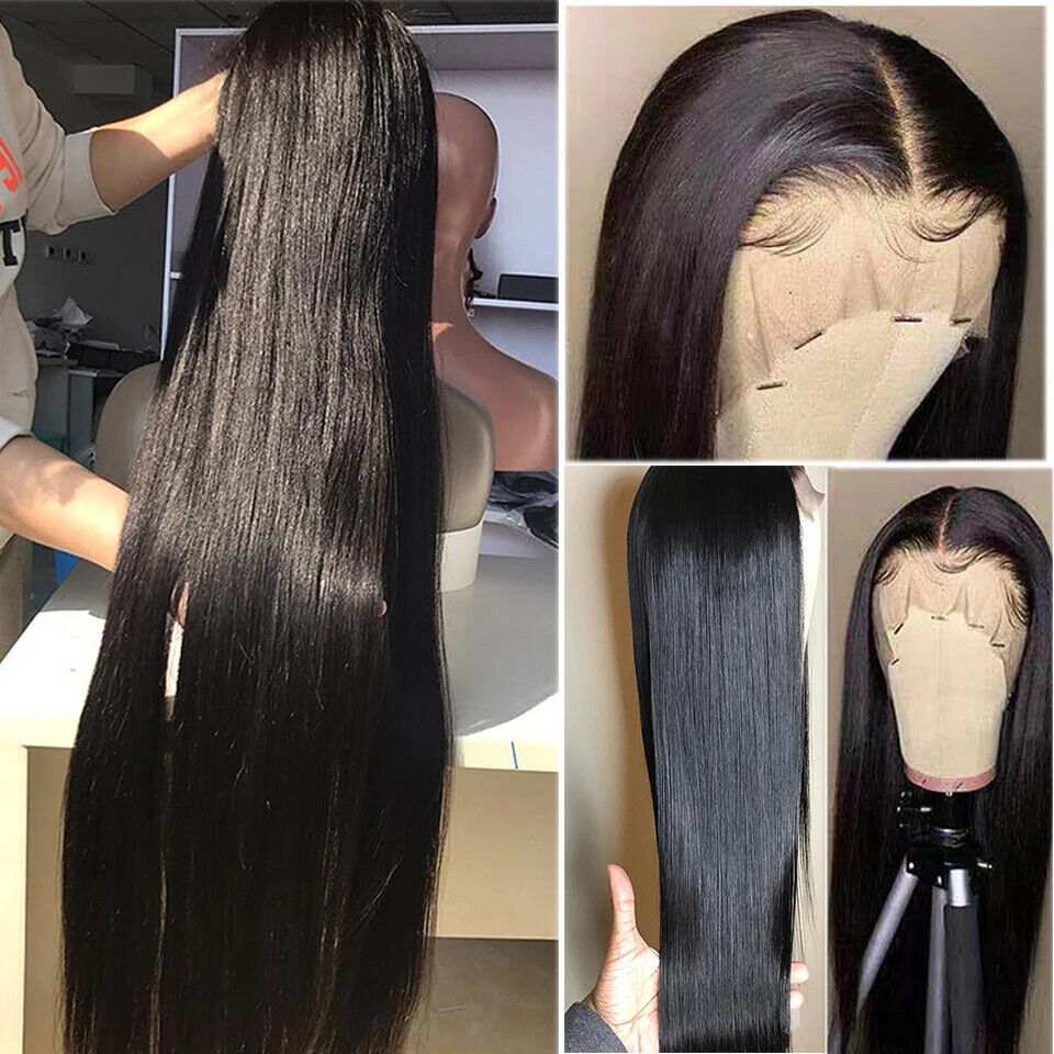 Hand-tied Human Hair Wig in black, long straight human hair with lace front and natural parting