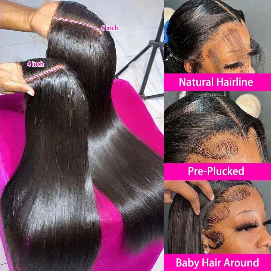 Hand-tied Human Hair Wig with long straight black hair, 4-inch and 6-inch lace parting, natural hairline and baby hairs