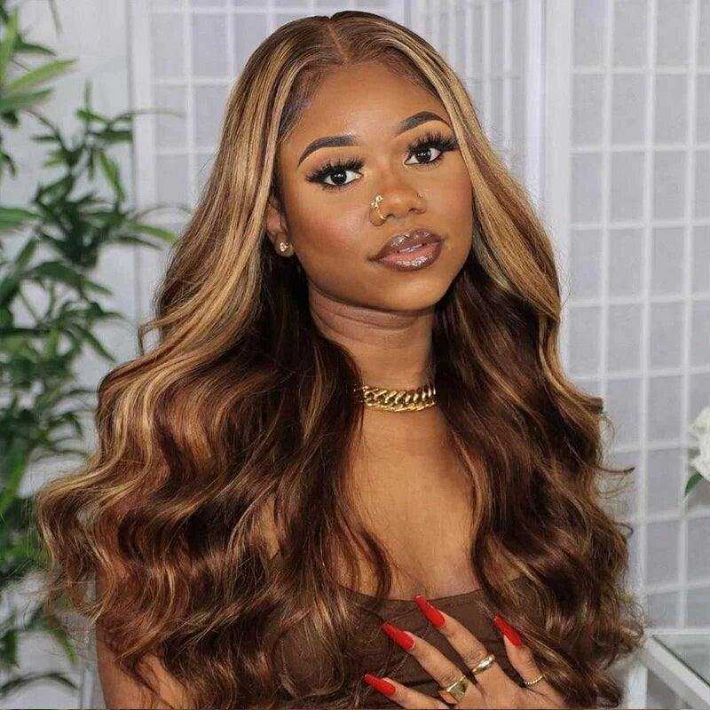 Highlight 13x4 Frontal Wig in brown and honey blonde human hair with long body waves and centre part