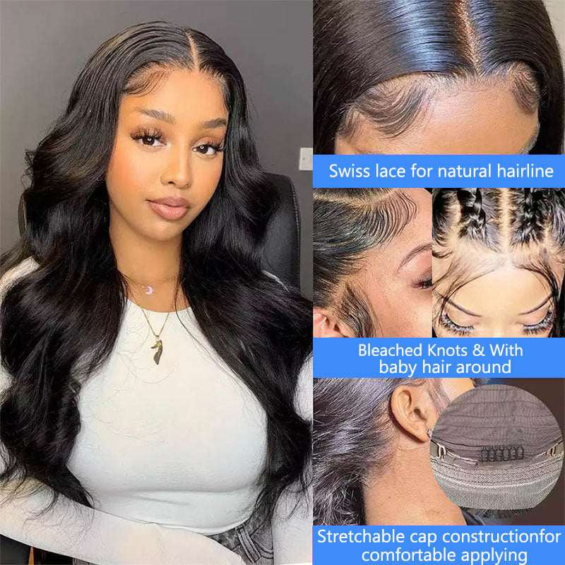 Loose Deep Wave 13x4 Transparent Lace Wig in black with long glossy waves, center part, baby hairs and a natural Swiss lace hairline