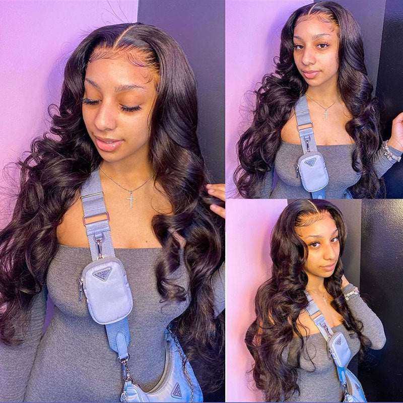 Loose Deep Wave 13x4 Transparent Lace Wig with long, glossy black waves, a natural-looking hairline and deep side part