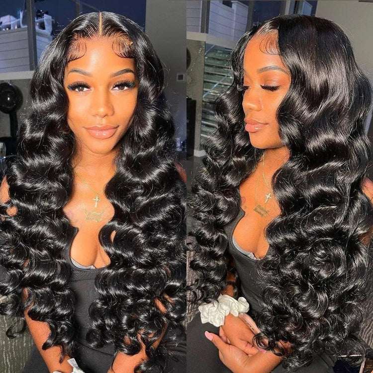 Loose Wave Human Hair Wig in natural black with glossy loose waves, pre-plucked hairline, and long voluminous curls