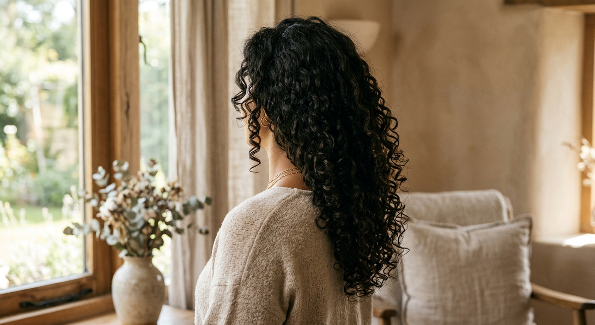 Voluminous dark curly hair falling past the shoulders in defined springy curls