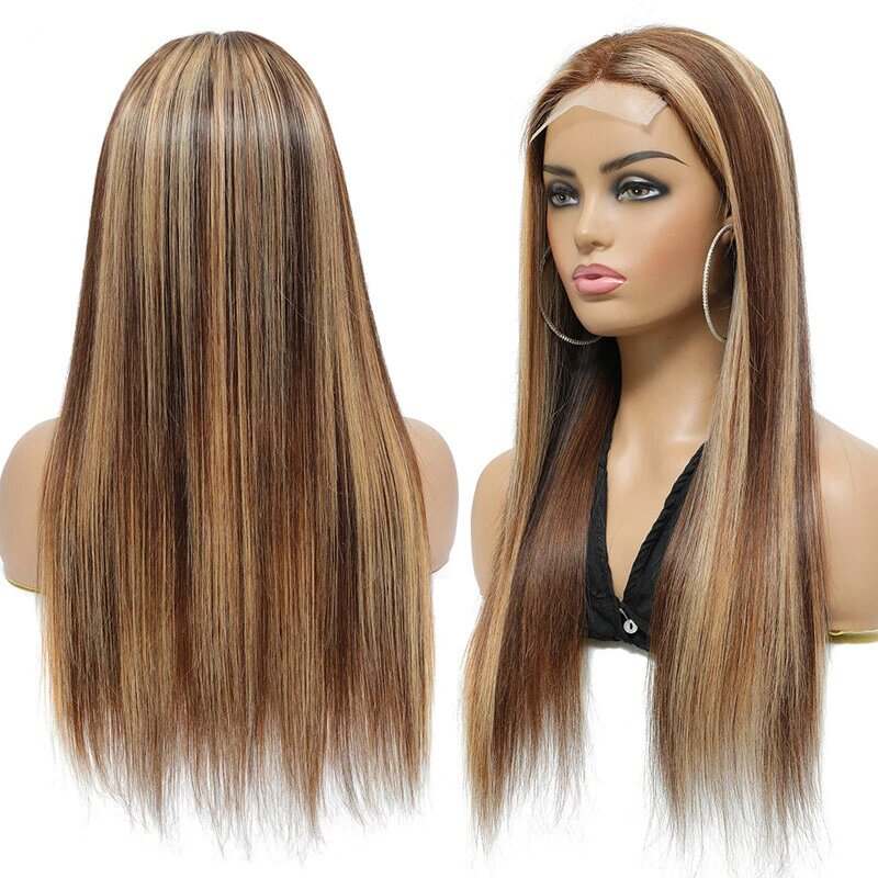 P4/27 Highlight Straight human hair closure wig in medium brown with honey blonde streaks and a sleek finish