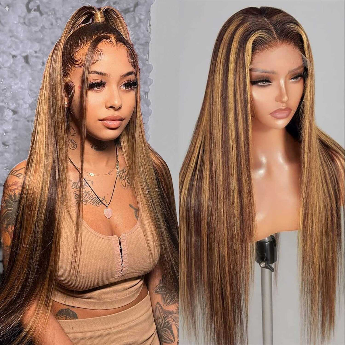P4/27 Highlight Straight human hair wig with long, sleek strands, medium brown base, honey blonde ribbons and a center part
