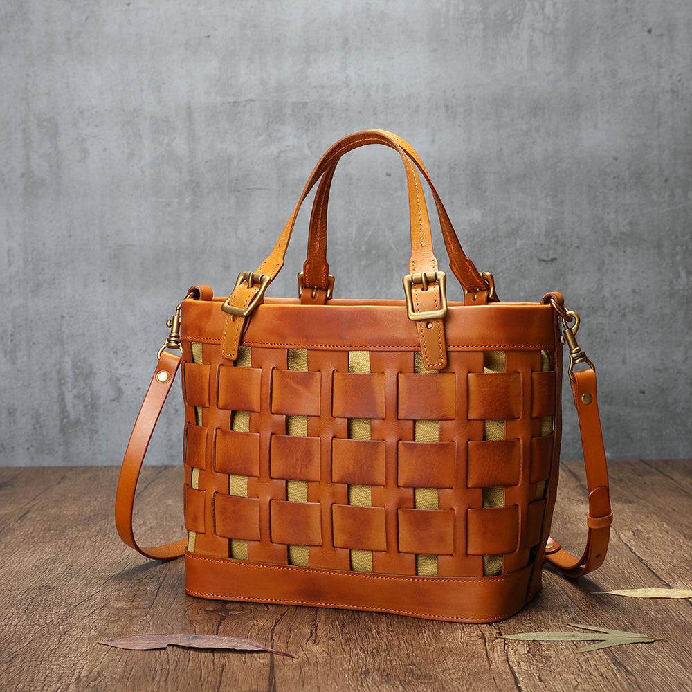 Soft Cowhide Messenger Bag in warm brown leather with woven openwork panel, top handles and shoulder strap