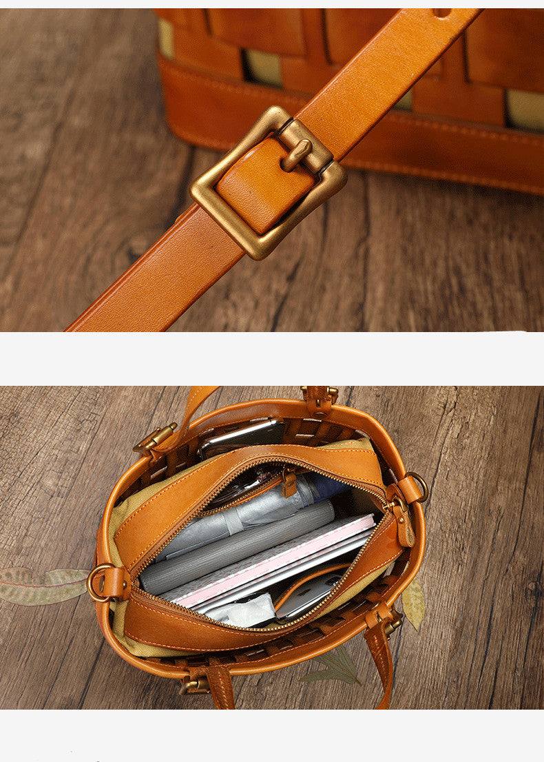 Soft Cowhide Messenger Bag in warm tan leather with adjustable buckle strap, top handle and zipped open interior
