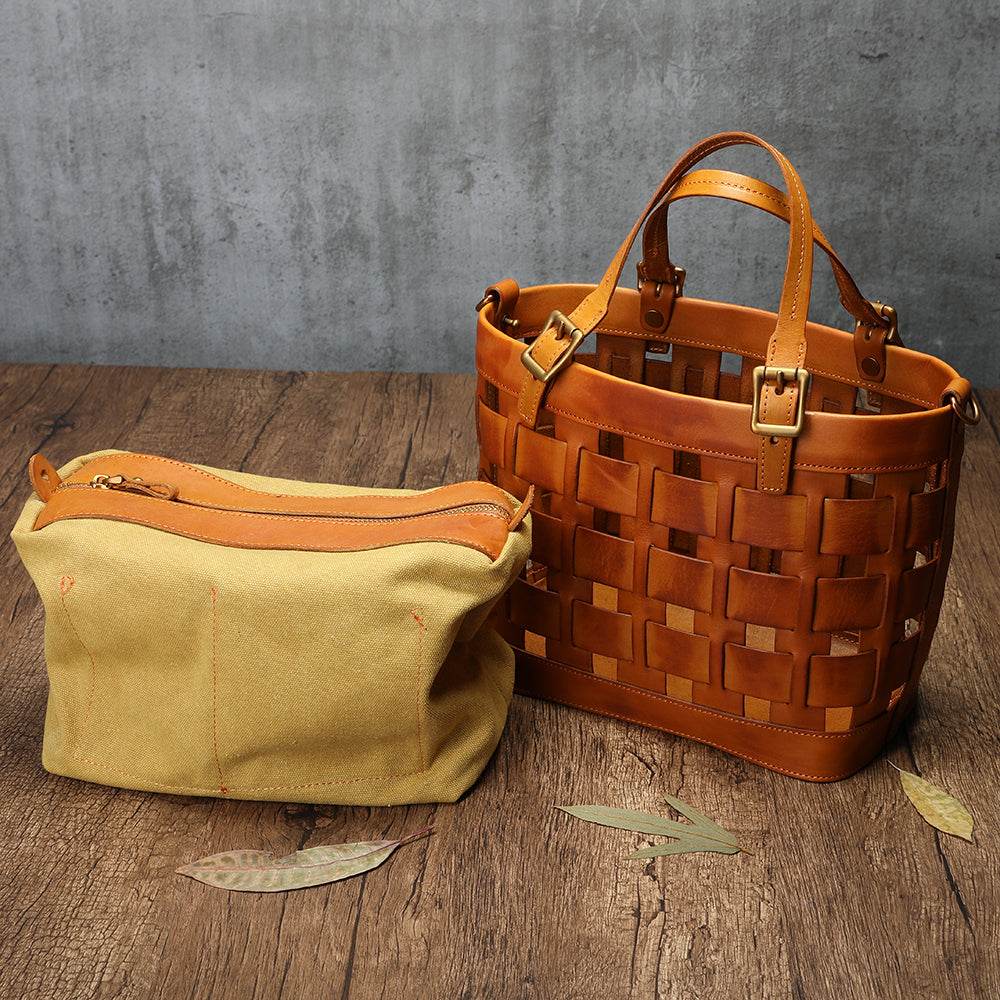 Soft Cowhide Messenger Bag in tan and woven brown leather, with top handles, shoulder strap, and zip pouch