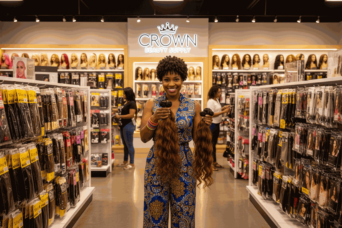 Tucan Lux woman holding two long brown wavy hair extensions, showcasing flowing textured human hair strands