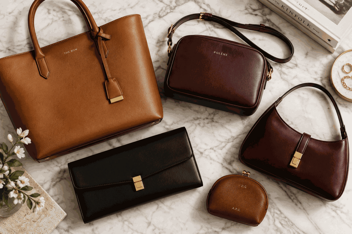 Handbags and Purses in brown, burgundy and black leather, including totes, shoulder bags and wallets