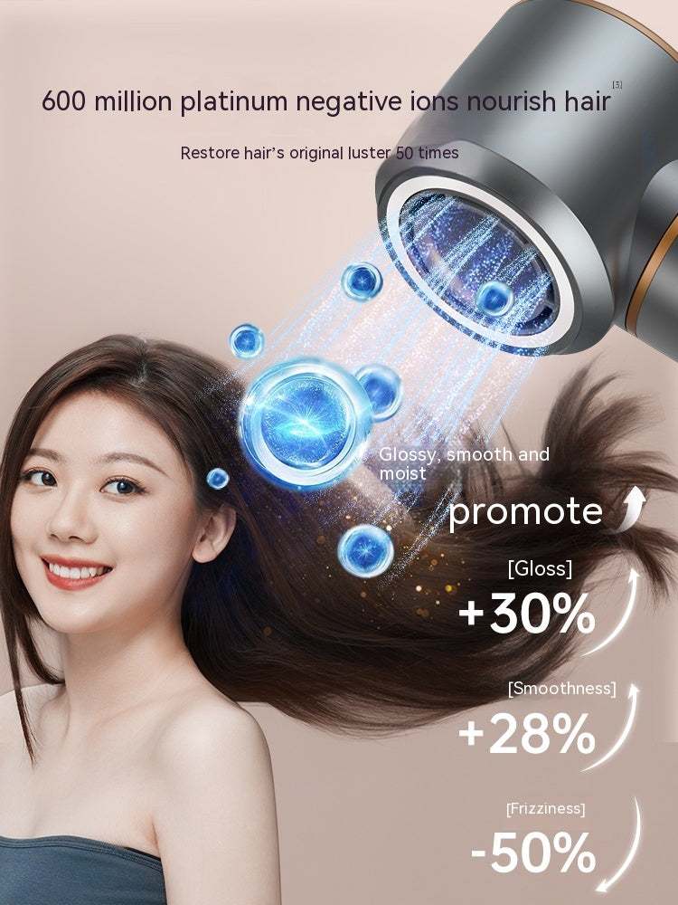 1300W Ionic Hair Dryer with Cool Shot in metallic grey with concentrator nozzle and ionic airflow illustration