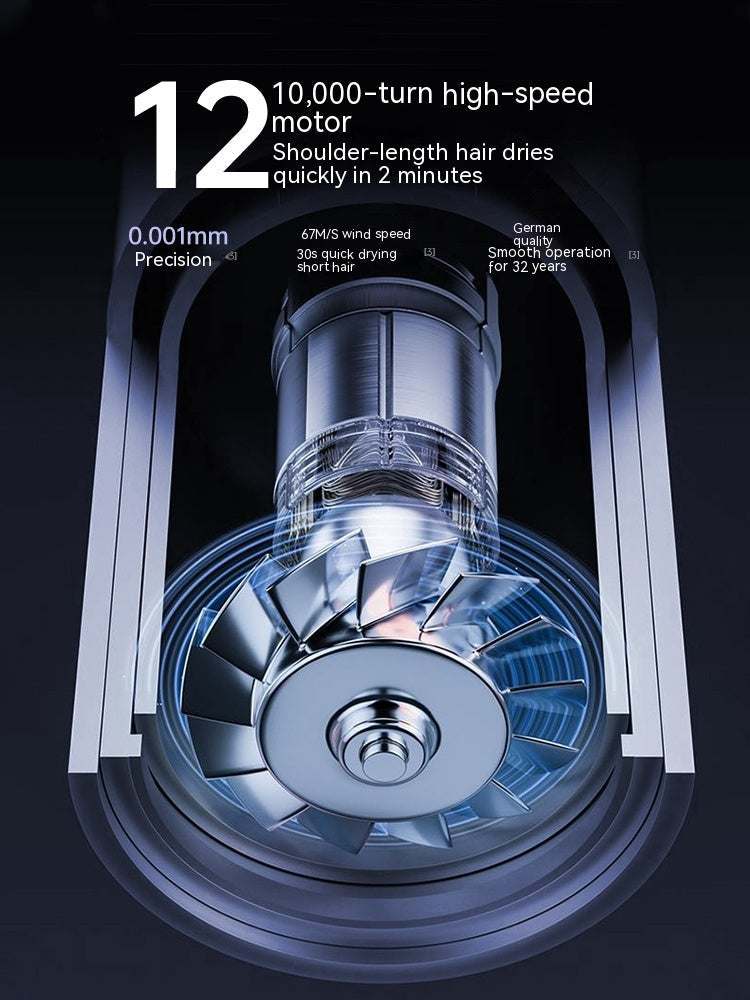 1300W Ionic Hair Dryer with Cool Shot shown in metallic blue with exposed high-speed motor and precision fan