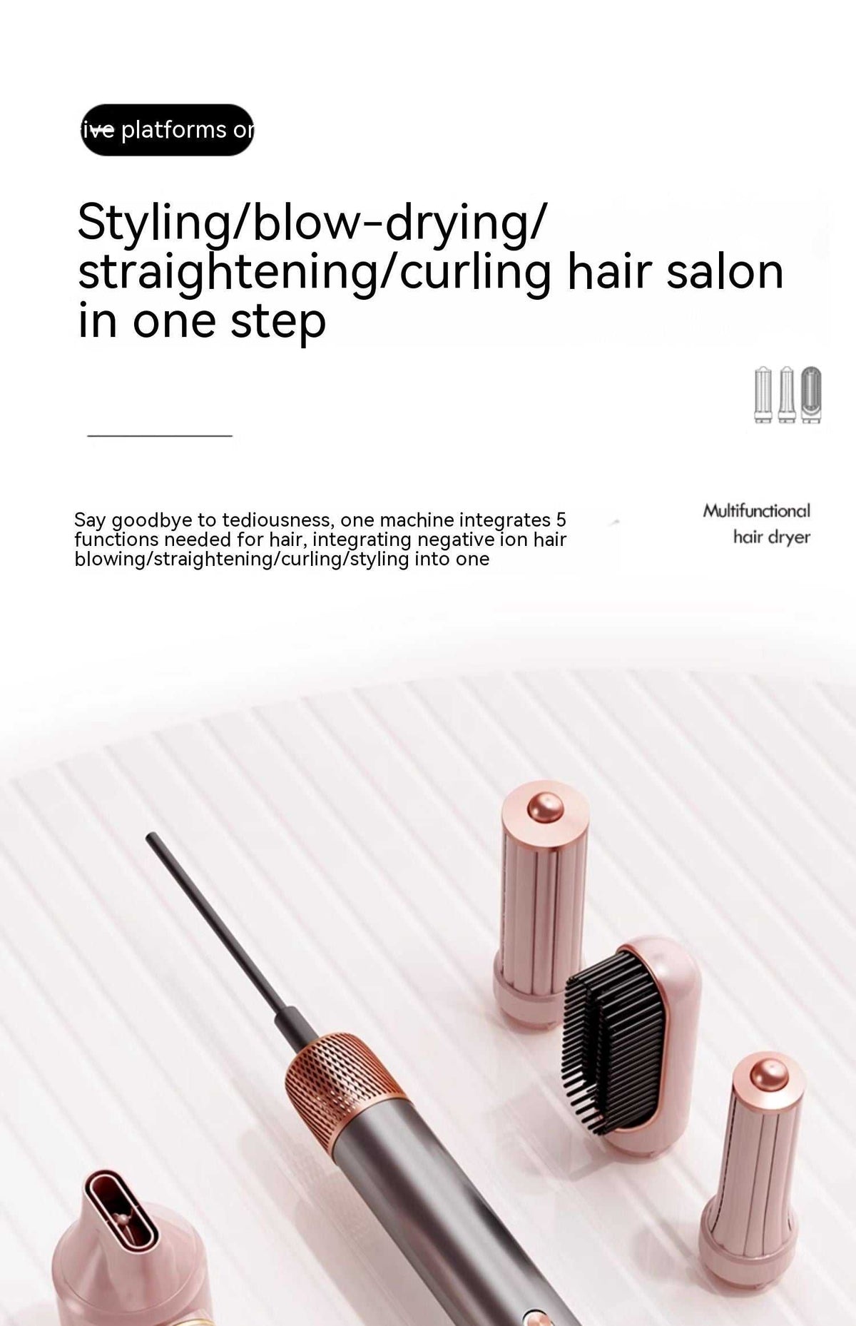 1300W Ionic Hair Dryer with Cool Shot shown as a pink multi-function styling tool with brush and curling attachments