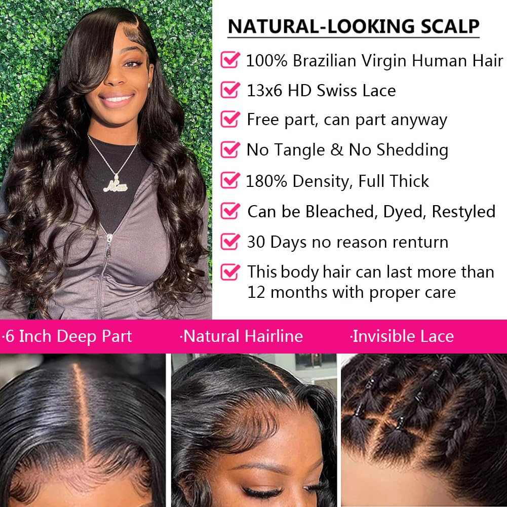 13x6 Lace Front human hair wig with long black waves, natural-looking hairline and deep center part