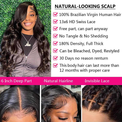 13x6 Lace Front human hair wig with long black waves, natural-looking hairline and deep center part