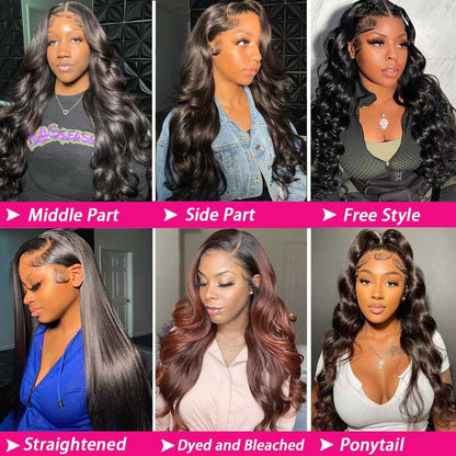 13x6 Lace Front human hair wig shown in multiple styles, with long black waves, straightened hair, dyed colour and ponytail