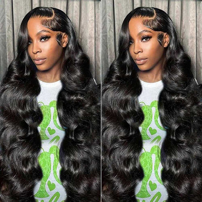 13x6 Lace Front wig in glossy natural black, with long, voluminous body waves and a deep side part.