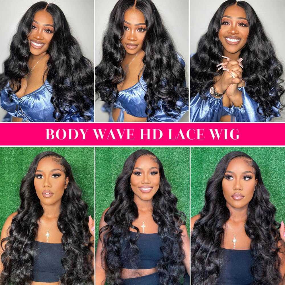 13x6 Lace Front human hair wig with long natural black body waves, loose parting and a softly defined hairline