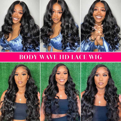 13x6 Lace Front human hair wig with long natural black body waves, loose parting and a softly defined hairline