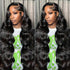 13x6 Lace Front human hair wig in glossy natural black with long, voluminous body waves and a deep side part