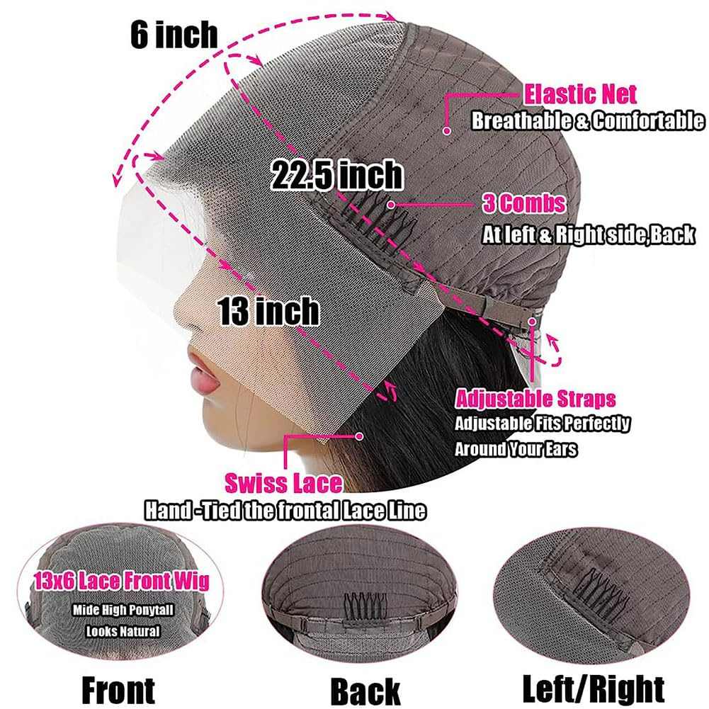 13x6 Lace Front wig cap with sheer Swiss lace, dark mesh body, adjustable straps and three combs