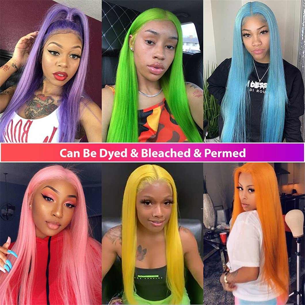 613 Blonde Straight human hair wig shown in purple, green, blue, pink, yellow and orange dyed styles with sleek lengths