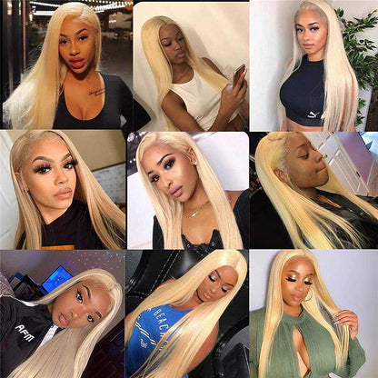 613 Blonde Straight wig with long, smooth pale blonde human hair, side parts and sleek, straight styling
