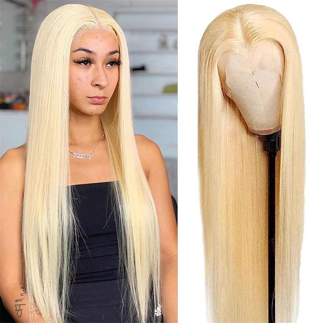 613 Blonde Straight wig in pale platinum human hair, worn long and sleek with a center part and lace front