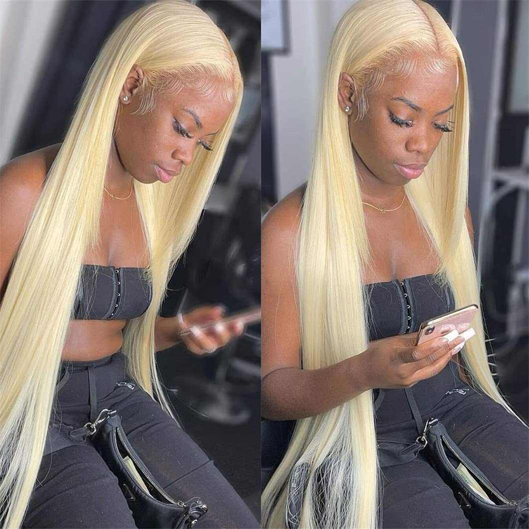 613 Blonde Straight wig in pale platinum human hair, worn long and sleek with a middle part and pre-plucked lace hairline