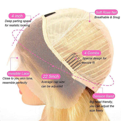613 Blonde Straight wig cap with transparent lace front, beige mesh construction, four combs and adjustable tension band