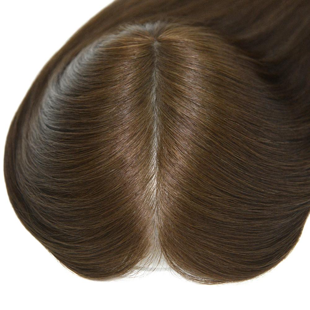 7x9 Human Hair Topper in dark brown human hair with a natural centre part and hand-knotted scalp appearance