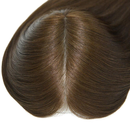 7x9 Human Hair Topper in dark brown human hair with a natural centre part and hand-knotted scalp appearance
