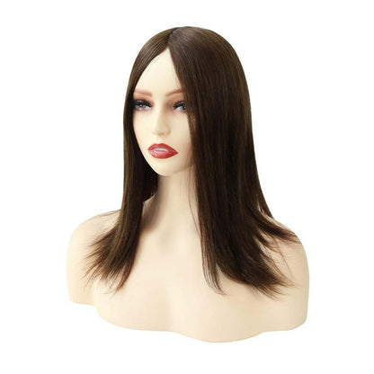 7x9 Human Hair Topper in dark brown human hair with a natural centre part and straight, layered lengths