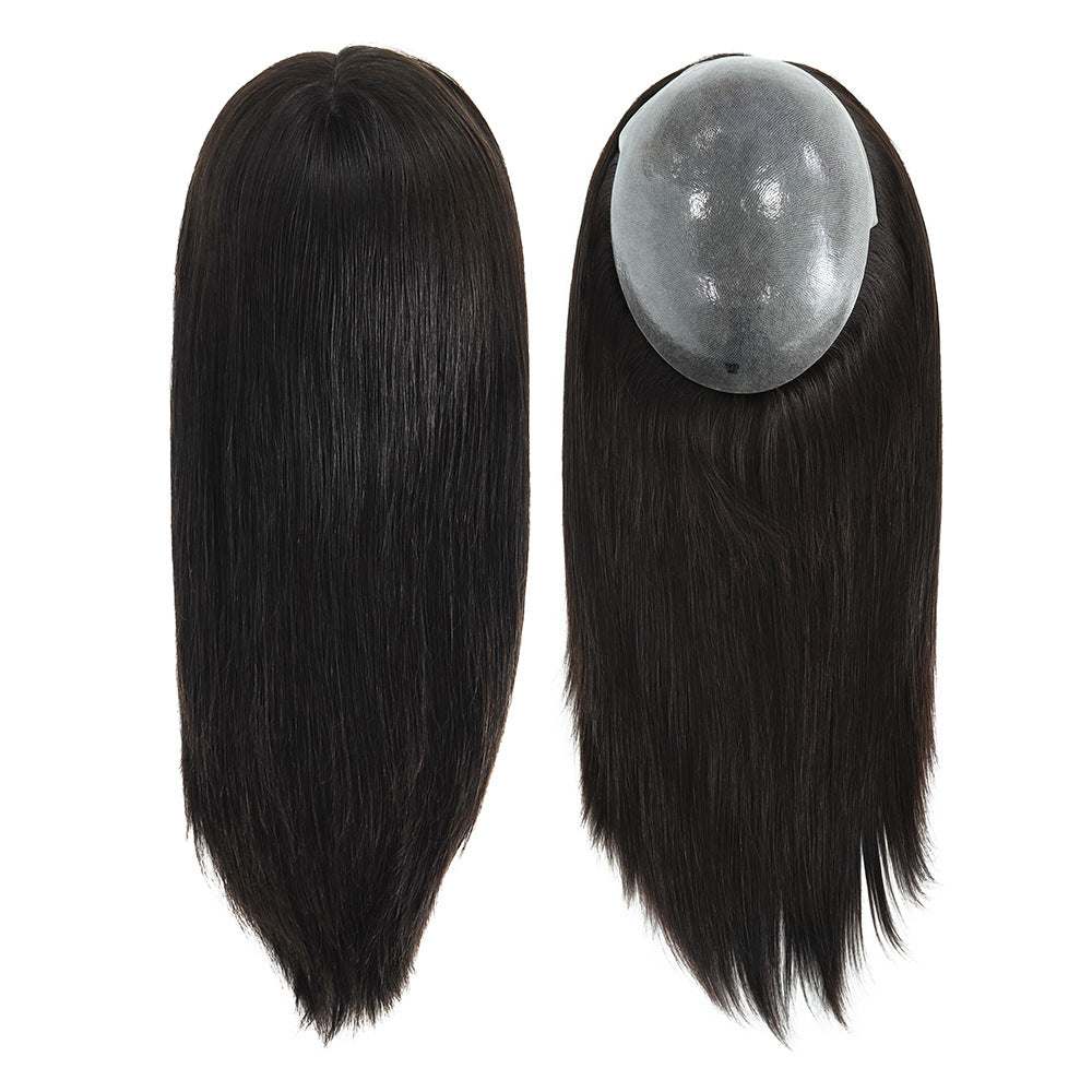 7x9 Human Hair Topper in dark brown human hair with smooth straight strands and oval hand-knotted base
