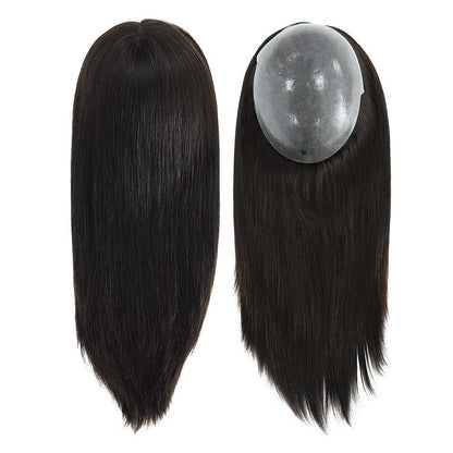 7x9 Human Hair Topper in dark brown human hair with smooth straight strands and oval hand-knotted base
